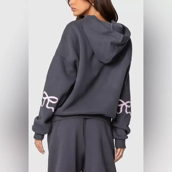 Edikted Bonney Bow Detail Hoodie Size Medium Dark Gray - Picture 2 of 6